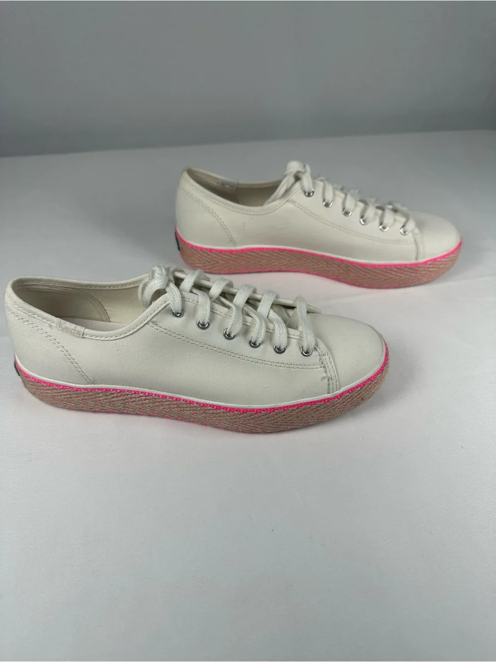 Keds Off-White Canvas Platform Sneakers with Neon Pink Trim
